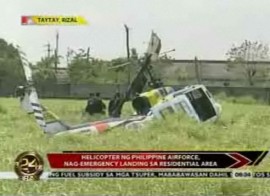 Philippine Air Force chopper gets damaged after its emergency landing in a residential area of Taytay, Rizal.