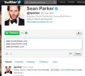 Sean Parker Joins Twitter Apologized to Mark Zuckerberg Sean Parker Napster co-founder, Facebook President