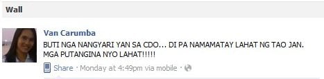 Van Carumba's Insensitive Comment Over Typhoon Sendong Victims Van Carumba's Insensitive Comment Over Typhoon Sendong Victims