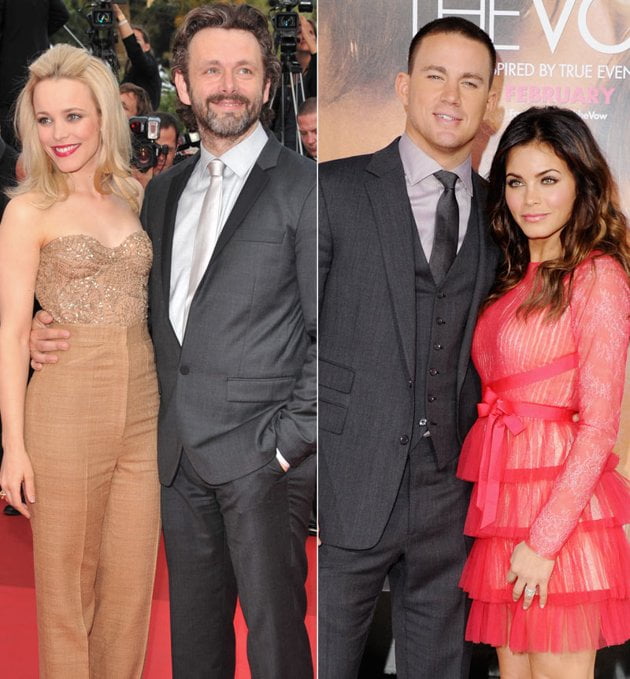 (left) McAdams and Michael Sheen; (right) Tatum and his wife Jenna Dewan (left) McAdams and Michael Sheen; (right) Tatum and his wife Jenna Dewan