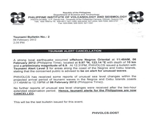 phivolcs bulletin tsunami alert cancelled Phivolcs Issued Tsunami Warning Cancelled